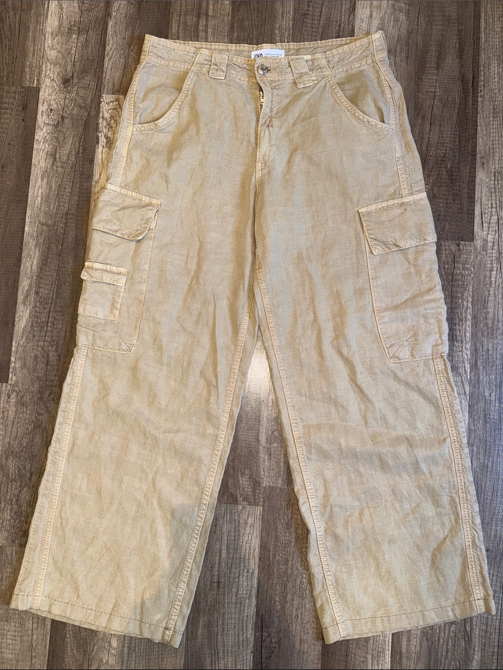 Zara Linen-Blend Straight Leg Natural Khaki Cargo Pants - 6